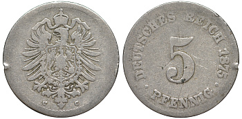 Германия 5 пфеннигов 1875 C, старогербовка KM 3, Jager 3, Weege 5 медно-никель 45-1051