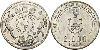 Экваториальная Гвинея 2000 экуэле 1979 чемпионат мира по футболу в Аргентине 1978 года, тираж 195 экземпляров серебро PROOF 10-014-07