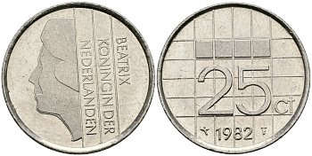 Нидерланды 25 центов 1982 Беатрикс (1980-2013) KM 204 никель 96-263