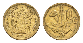 ЮАР 10 центов 1995 герб, цветок алоэ KM 135 сталь плакированная бронзой 4621-917