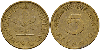 ФРГ 5 пфеннигов 1976 D J.382, KM 107 сталь плакированная латунью    4598-958