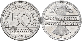 Германия 50 пфеннигов 1921 A KM 27, J.301, Weege 10 алюминий UNC 4584-832
