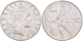 ИТАЛИЯ 50 ЛИР 1964 R, БОГ ОГНЯ ВУЛКАН У НАКОВАЛЬНИ KM 95.1 нержавеющая сталь 4551-344
