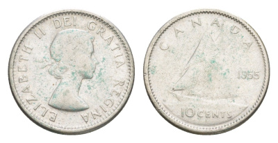 Канада 10 центов 1955 Елизавета II (1952-2022), парусник KM 51 серебро 4639-564