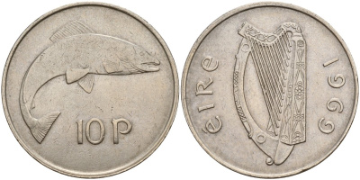 Ирландия 10 пенсов 1969 лосось KM 23 медно-никель 4140-321