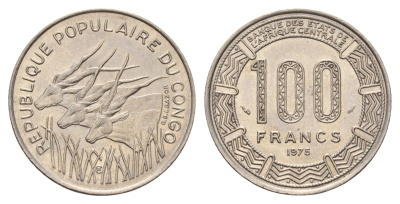 Конго 100 франков 1975 KM 2 никель aUNC 4671-125