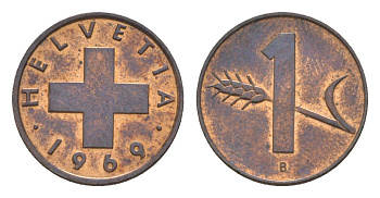 Швейцария 1 раппен 1969 B KM 46 бронза 3458-256