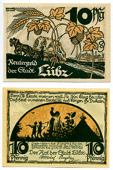 ЛЮБЦ 10 ПФЕННИГОВ 1922 НОТГЕЛЬД, ИЮНЬ 1922 - 31 МАЯ 1922, ЗЕМЛЯ МЕКЛЕНБУРГ-ПЕРЕДНЯЯ ПОМЕРАНИЯ Grabowski 835.1 бумага 2193-13-2-2