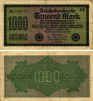 ГЕРМАНИЯ 1000 МАРОК 1922 15 ОКТЯБРЯ 1922, ВОДЯНОЙ ЗНАК F, БЕЛАЯ БУМАГА Pick 76с бумага 7183-63-2-2