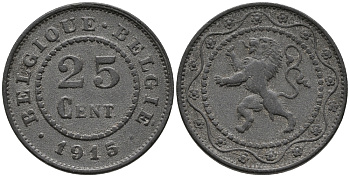 БЕЛЬГИЯ 25 САНТИМОВ 1915 BELGIQUE-BELGIE KM 82 цинк 34-1126