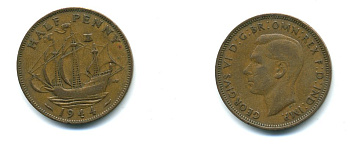 Великобритания 1/2 пенни 1944 Георг VI (1936-1952) KM 844, Spink 4115 бронза 41-532