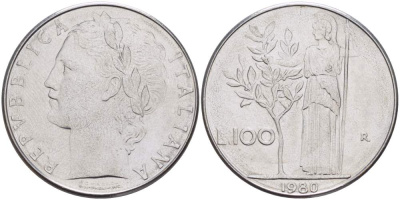 ИТАЛИЯ 100 ЛИР 1980 R, АФИНА, ДИАМЕТР 28 ММ. KM 96.1 нержавеющая сталь 4531-111