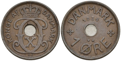 Дания 1 эре 1934 Кристиан X (1912-1947) KM 826 бронза 4147-426