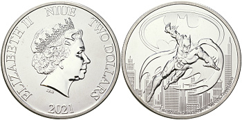 Ниуэ 2 доллара 2021 DC Comics - Бэтмен, диаметр 40,5 мм, вес 31,1 гр, в оригинальной капсуле UC 502 серебро BU 11-158-32