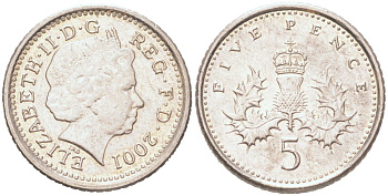 Великобритания 5 пенсов 2001 Елизавета II (1952-2022) KM 988, Spink D5 медно-никель 4614-822