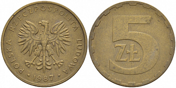 ПОЛЬША 5 ЗЛОТЫХ 1987 MW KM 81.2 латунь 3996-917