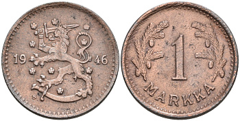 ФИНЛЯНДИЯ 1 МАРКА 1946 S KM 30b железо 4563-655