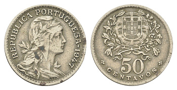 Португалия 50 сентаво 1947 голова Свободы вправо KM 577 никель латунь 4659-634