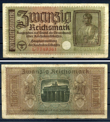 Германия 20 рейхсмарок ND (1940-1945) для оккупированных территорий Pick R139 бумага 7552-43-3-1