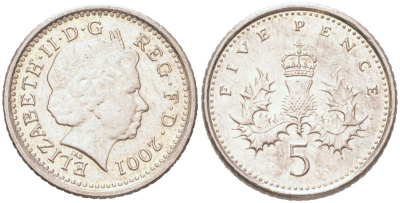 Великобритания 5 пенсов 2001 Елизавета II (1952-2022) KM 988, Spink D5 медно-никель 4614-822