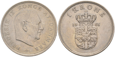Дания 1 крона 1961 C; S, Фредерик IX (1947-1972) KM 851.1 медно-никель 217-452