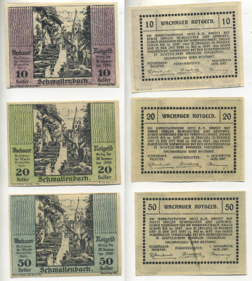 АВСТРИЯ, ВАЧАУ НАБОР ИЗ 3 БАНКНОТ 1920 30 СЕНТЯБРЯ 1920, НОТГЕЛЬД, 10, 20, 50 ГЕЛЛЕРОВ, SCHMALLENBACH, SRITZ am der HASTET бумага aUNC 70-10-3