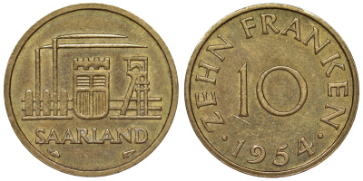 Саарланд 10 франков 1954 индустрия KM 1 алюминиевая бронза 4119-856
