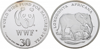ЕВРОПА МЕДАЛЬ 1986 30 ЛЕТ WWF, СЛОН, LOXODONTA AFRICANA серебро PROOF 00-00