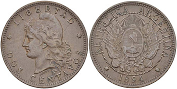 Аргентина 2 сентаво 1894 голова свободы влево KM 8 бронза 4512-736