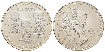США 1 доллар 2011 S, Медаль Почёта, в оригинальной упаковке, с сертификатом KM 504 серебро BU 8-2-05-12