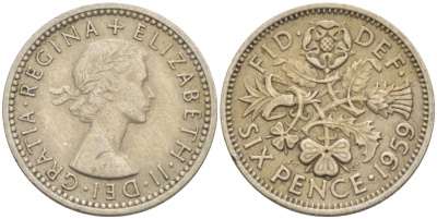 Великобритания 6 пенсов 1959 Елизавета II (1952-2022) KM 903, Spink 4149 медно-никель 4528-1052