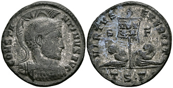 Римская Империя нуммий 319 Константин I Великий VIRTVS EXERCIT Фессалоника about Extremely fine RIC 75 бронза, серебрение 1073-3-2-5