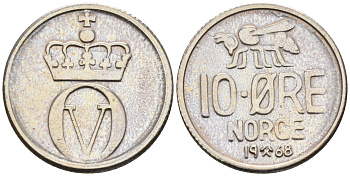 Норвегия 10 эре 1968 пчела, Улаф V (1958-1991) KM 411 медно-никель  4169-326