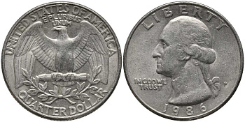 США 25 ЦЕНТОВ = КВОТЕР 1986 P, ВАШИНГТОН KM А164а медь плакированная медно-никелем 113-512