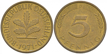 ФРГ 5 ПФЕННИГОВ 1971 D KM 107, J. 382 сталь плакированная латунью 44-141