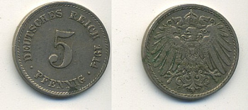 ГЕРМАНИЯ 5 ПФЕННИГОВ 1914 J, KM 11, J. 12 медно-никель 54-628