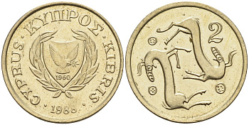 Кипр 2 цента 1988 KM 54.2 никель латунь 4580-259