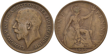 Великобритания 1 пенни 1919 Георг V (1910-1936) KM 810, Spink 4051 бронза 4144-511