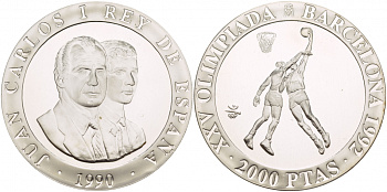 Испания 2000 песет 1990 XXV летние Олимпийские игры 1992 года в Барселоне, баскетбол KM 866 серебро PROOF 1088-8-63
