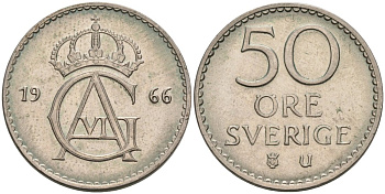 Швеция 50 эре 1966 U, Густав VI Адольф (1950-1973) KM 837 медно-никель 4571-613