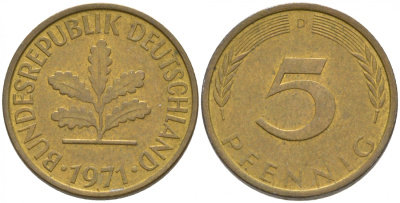 ФРГ 5 ПФЕННИГОВ 1971 D KM 107, J. 382 сталь плакированная латунью 44-141