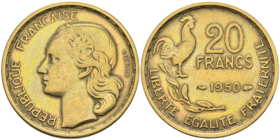 Франция 20 франков 1950 4 пера KM 916.1 алюминиевая бронза    4595-455