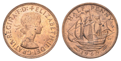 Великобритания 1/2 пенни 1965 Елизавета II (1952-2022) KM 896, Spink 4158 бронза aUNC 4662-1235
