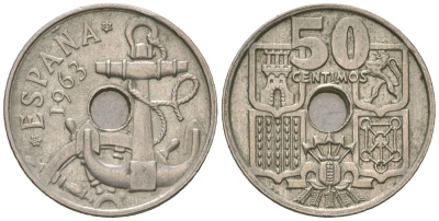Испания 50 сентимо 1963 (65) KM 777 медно-никель 99-568