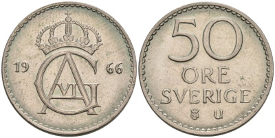 Швеция 50 эре 1966 U, Густав VI Адольф (1950-1973) KM 837 медно-никель 4571-613