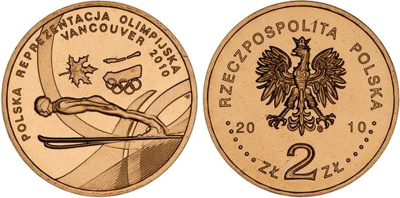 Польша 2 злотых 2010 MW, XXI Зимние Олимпийские игры в Ванкувере 2010 года, польская сборная KM 715 нордик UNC 4676-641