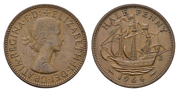 Великобритания 1/2 пенни 1964 Елизавета II (1952-2022) KM 896, Spink 4158 бронза 92-555