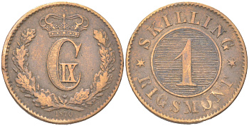 Дания 1 скиллинг-ригсмёнт 1870 Кристиан IX (1863-1906) KM 774 бронза 4621-1011