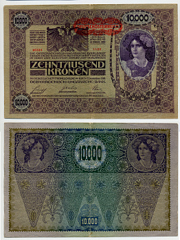 АВСТРИЯ 10000 КРОН 1919 КРАСНАЯ ГОРИЗОНТАЛЬНАЯ НАДПЕЧАТКА НА 1918 Pick 65 бумага 444-9-1