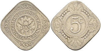 НИДЕРЛАНДЫ 5 ЦЕНТОВ 1929 ВИЛЬГЕЛЬМИНА I (1891-1948) KM 153 медно-никель 219-632